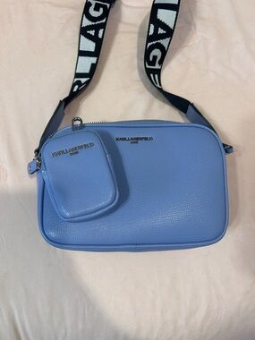 Karl Lagerfeld Women’s Light Blue Pebbled Crossbody with Logo Strap